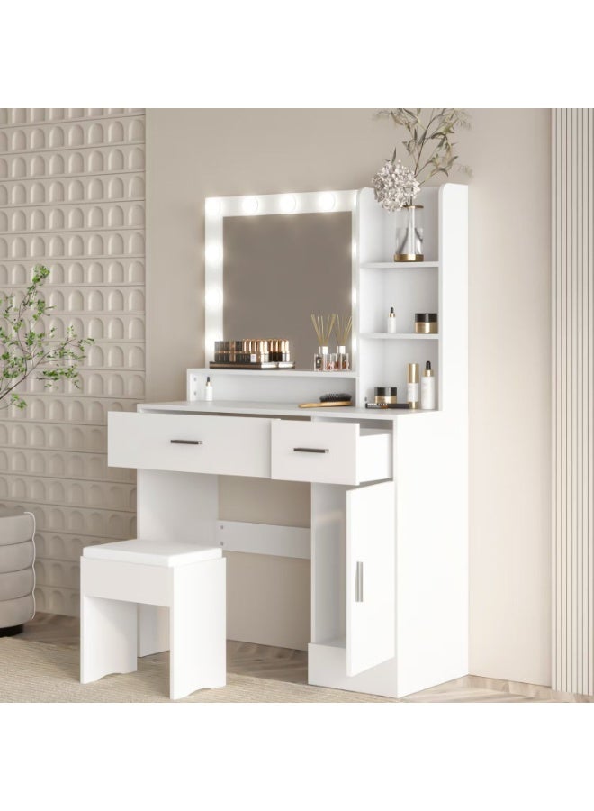 Organized Home Vanity Table with Lighted Mirror and Stool White Makeup Desk with Storage Shelves Cabinet and Drawers - Image 3